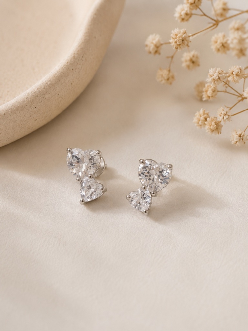 Silver Tone Double Heart CZ Stud Earrings | Romantic Sparkle - Picture 2 of 2